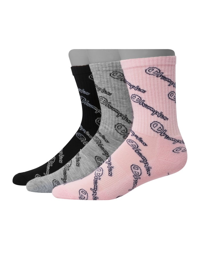 Champion Womens Socks NZ - Crew Script Logo 3-Pairs Pink/Grey/Black ( 1576-VQDXS )